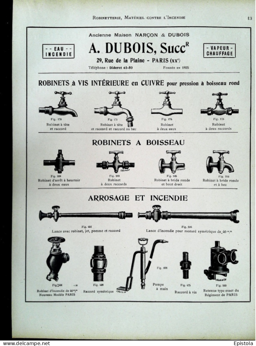 ► ROBINETS Arrosage Et Incendie A. DUBOIS Rue De La Plaine PARIS XX  - Page Catalogue Technique 1928  (Env 22 X 30 Cm) - Maschinen