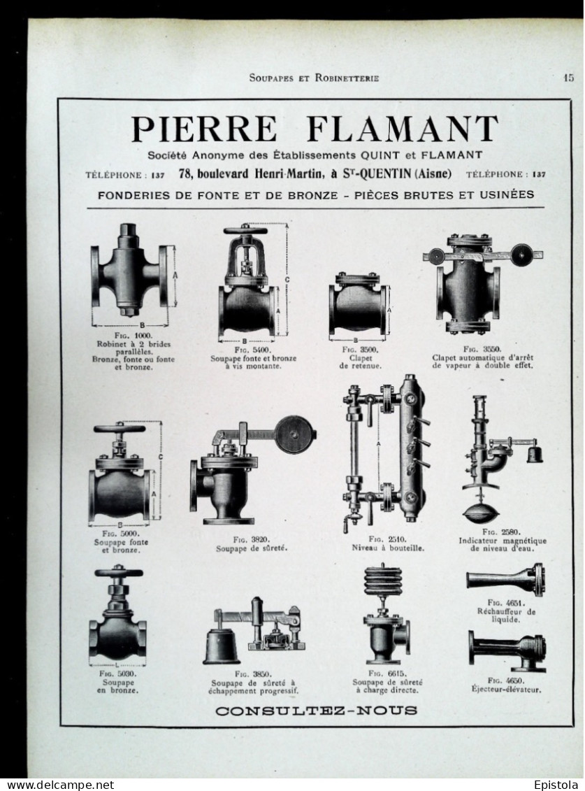 ► Pièces De FONDERIE Soupapes PIERRE FLAMANT   ST QUENTIN (Aisnes)  - Page Catalogue Technique 1928  (Env 22 X 30 Cm) - Machines