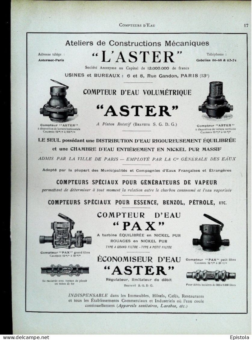 ► COMPTEUR D'EAU Volumétrique ASTER Rue Gandon PARIS 13e - Page Catalogue Technique 1928  (Env 22 X 30 Cm) - Maschinen