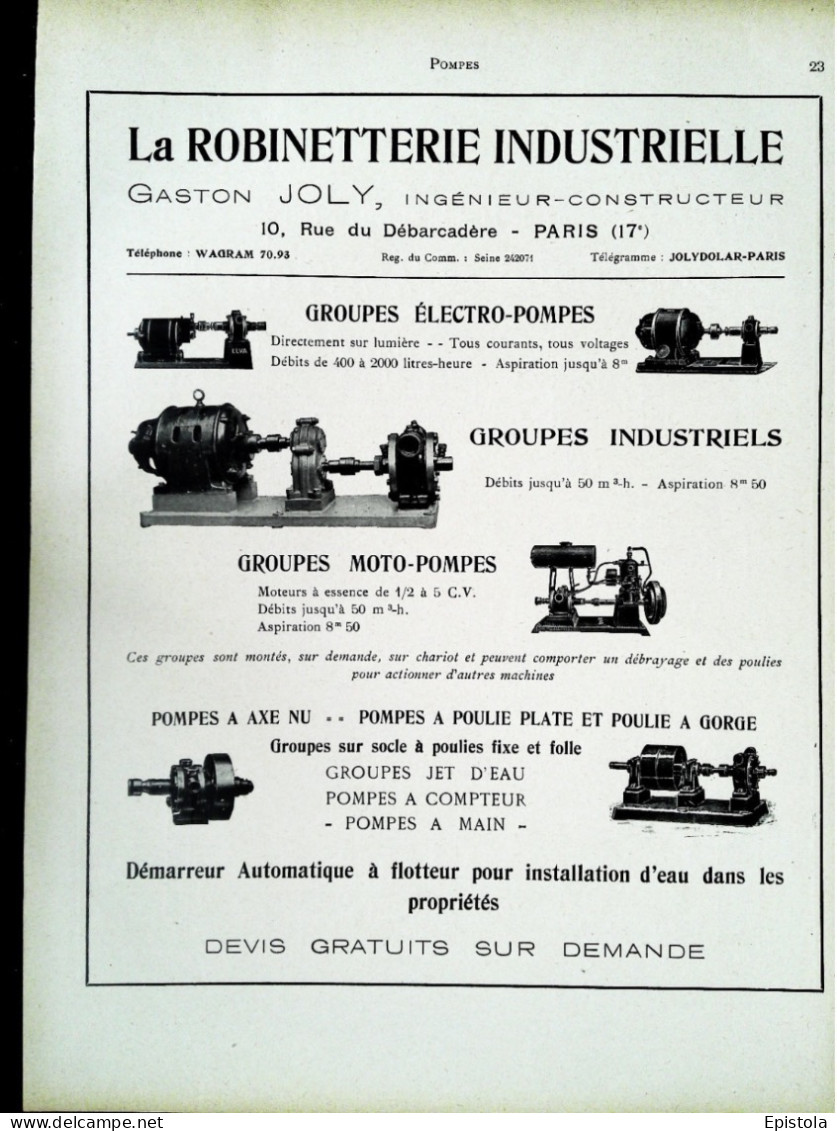 ► Moto-Pompes ROBINETTERIE INDUSTRIELLE Rue Débarcadère PARIS 17e  - Page Catalogue Technique 1928  (Env 22 X 30 Cm) - Tools