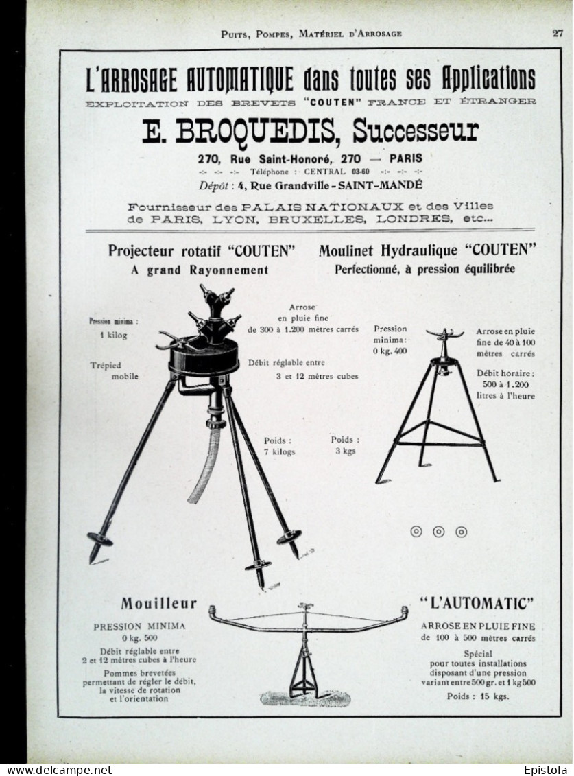 ► ARROSAGE AUTOMATIQUE  E. BROQUEDIS Rue Grandville SAINT MANDE - Page Catalogue Technique 1928  (Env 22 X 30 Cm) - Maschinen