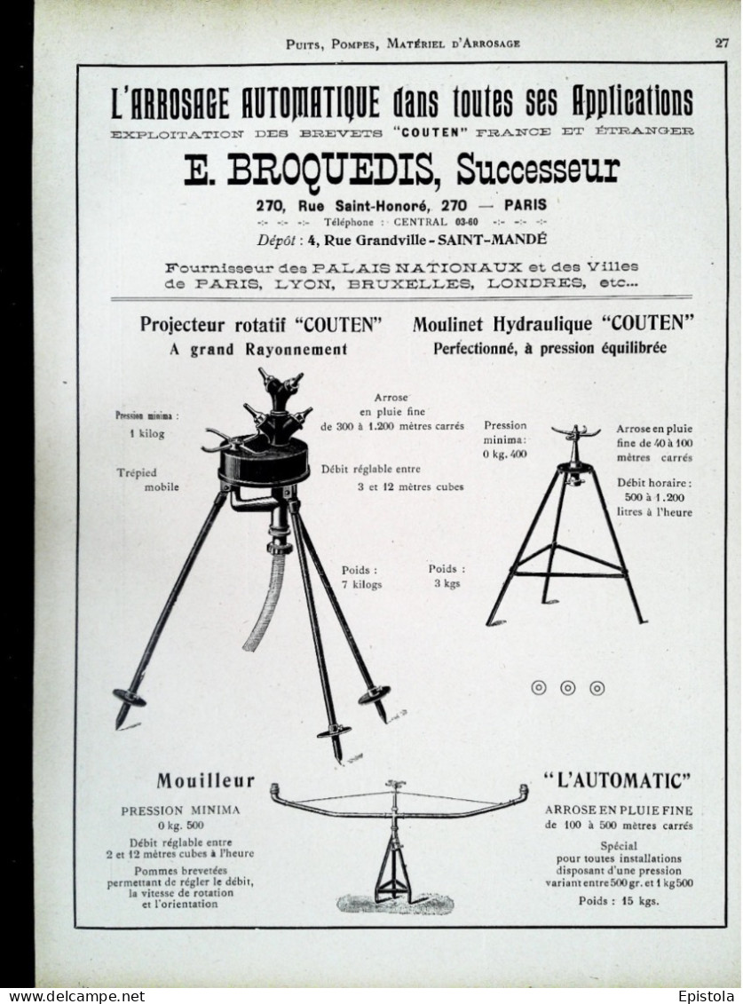 ► ARROSAGE AUTOMATIQUE  E. BROQUEDIS Rue Grandville SAINT MANDE - Page Catalogue Technique 1928  (Env 22 X 30 Cm) - Macchine