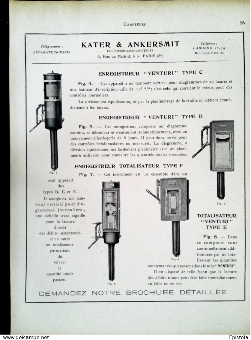 ► Compteur "Venturi" KATER & ANKERSMIT Rue De Madrid PARIS 8e - Page Catalogue Technique 1928  (Env 22 X 30 Cm) - Tools