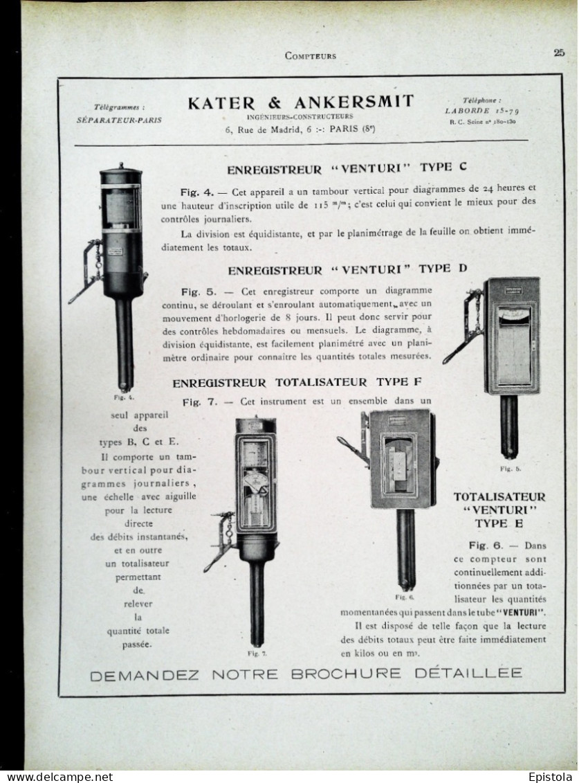 ► Compteur "Venturi" KATER & ANKERSMIT Rue De Madrid PARIS 8e - Page Catalogue Technique 1928  (Env 22 X 30 Cm) - Máquinas