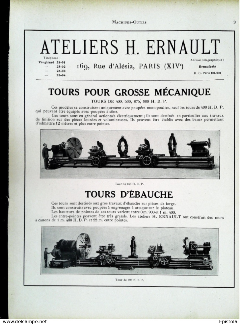 ► Machine-Outils TOURS Grosse Mécanique ERNAULT Rue D'Alésia PARIS 14e - Page Catalogue Technique 1928  (Env 22 X 30 Cm) - Tools