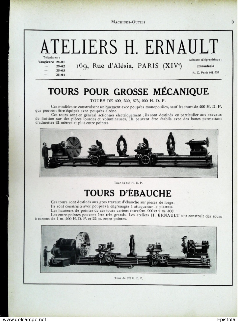 ► Machine-Outils TOURS Grosse Mécanique ERNAULT Rue D'Alésia PARIS 14e - Page Catalogue Technique 1928  (Env 22 X 30 Cm) - Macchine