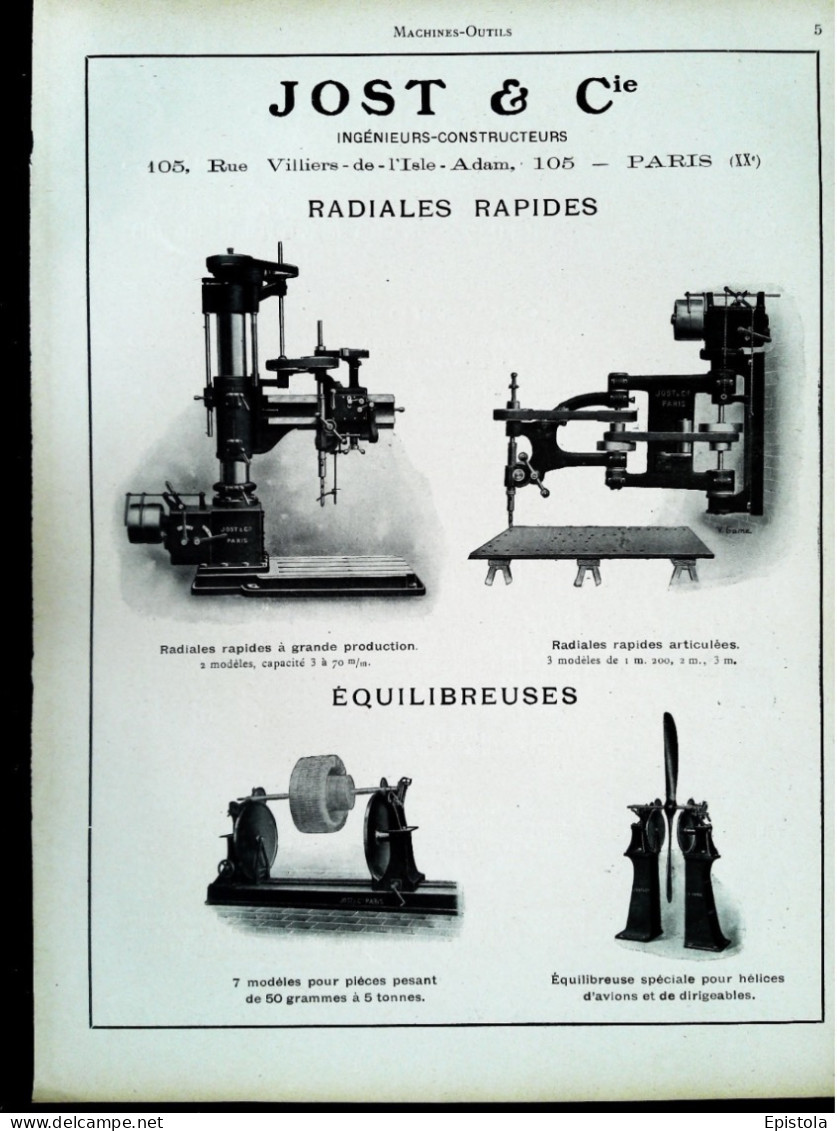 ► Machine-Outils RADIALE & EQUILIBREUSE  "Jost & Cie" Paris XXe- Page Catalogue Technique 1928  (Env 22 X 30 Cm) - Maschinen