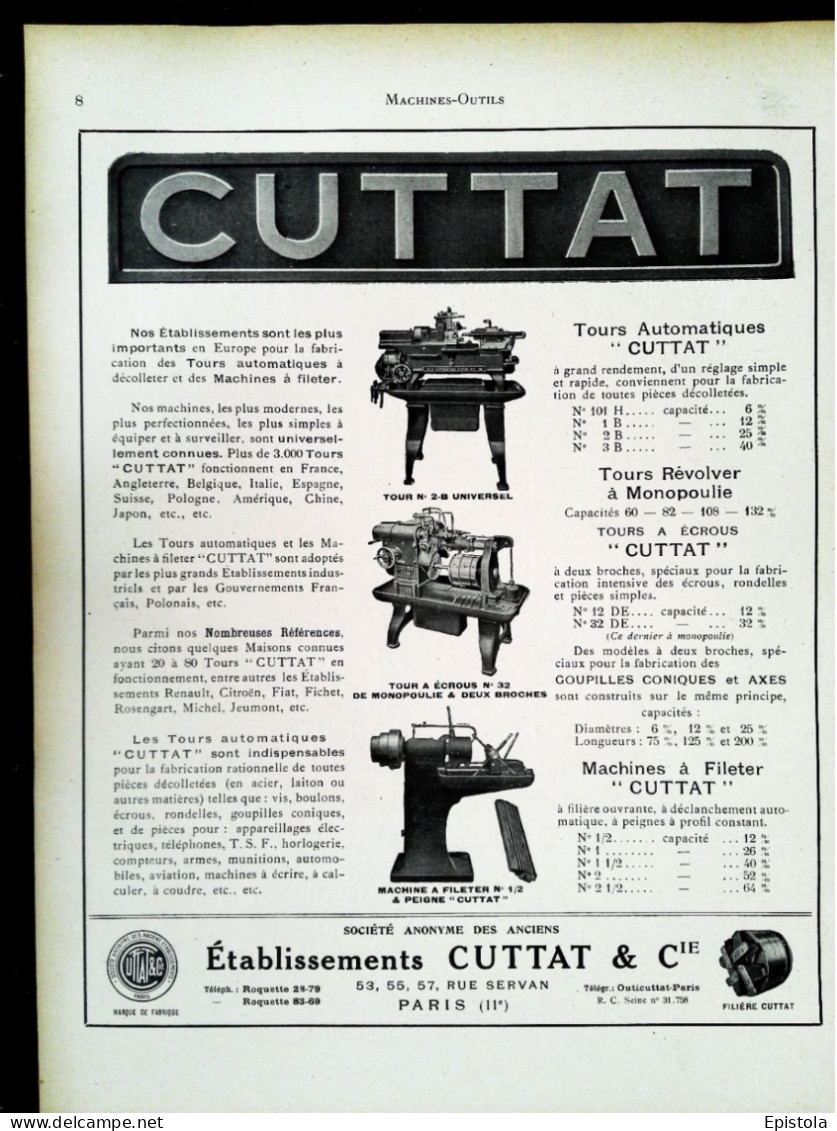► Machine-Outils  CUTTAT & Cie Rue Servan PARIS 11e  - Page Catalogue Technique 1928  (Env 22 X 30 Cm) - Máquinas