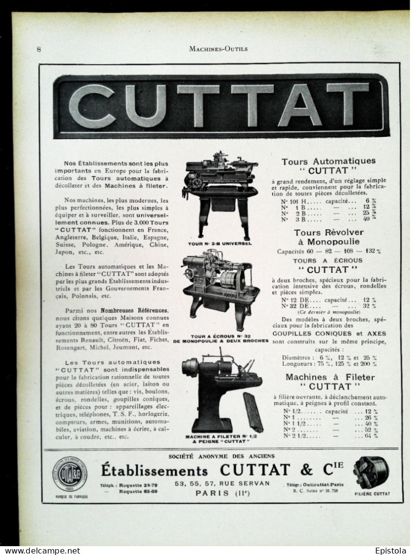 ► Machine-Outils  CUTTAT & Cie Rue Servan PARIS 11e  - Page Catalogue Technique 1928  (Env 22 X 30 Cm) - Macchine