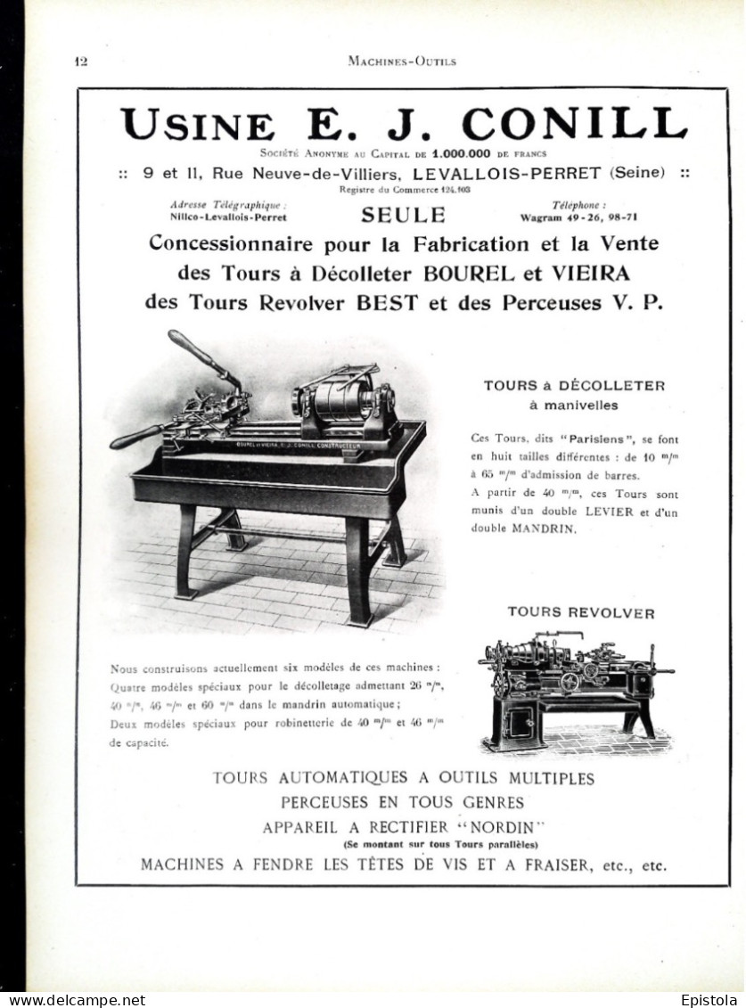 ► Machine-Outils TOURS Revolver Usine CONILL à  Levallois-Perret     - Page Catalogue Technique 1928  (Env 22 X 30 Cm) - Máquinas