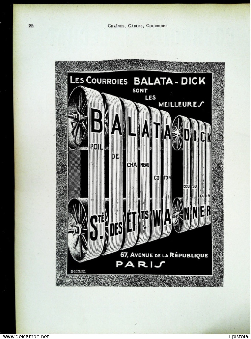 ► Machine-Outils COURROIES BALATA-DICK - Page Catalogue Technique 1928  (Env 22 X 30 Cm) - Máquinas