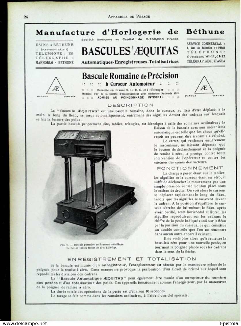 ► BASCULE ROMAINE Manufacture Horlogerie De Béthune - Page Catalogue Technique 1928  (Env 22 X 30 Cm) - Macchine