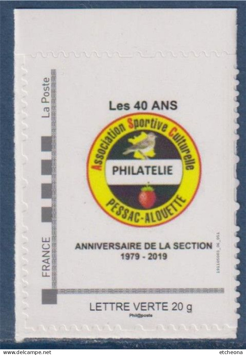 Timbre Logo 40 Ans Du Club Philatélique Ville De Pessac 23-24.11.2019 TVP LV Cadre MonTimbraMoi Neuf Avec BDF - Nuevos