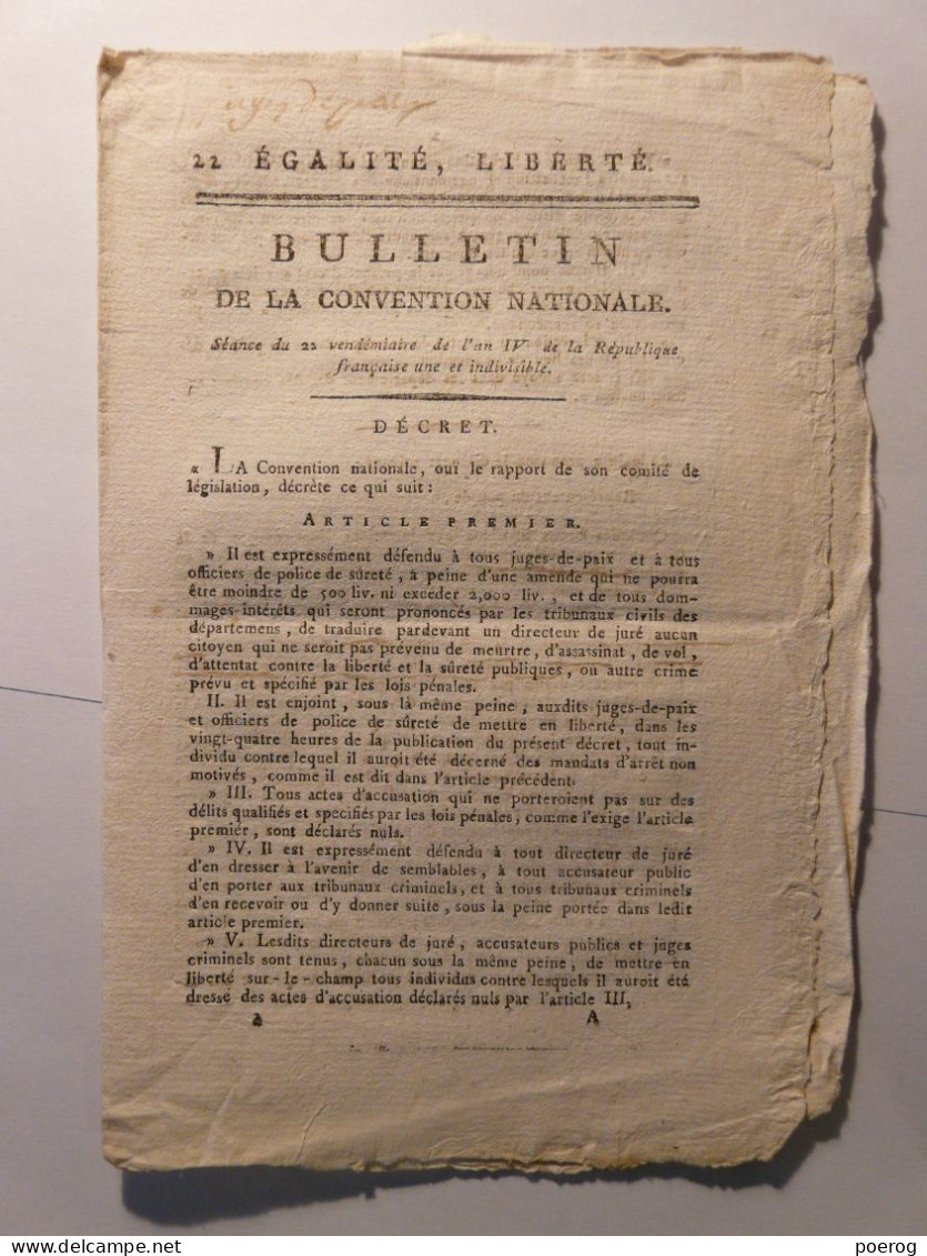 BULLETIN CONVENTION NATIONALE 1795 - LIMITATION POUVOIR JUGES DE PAIX - DISCOURS DEPUTE AUDOIN - Gesetze & Erlasse
