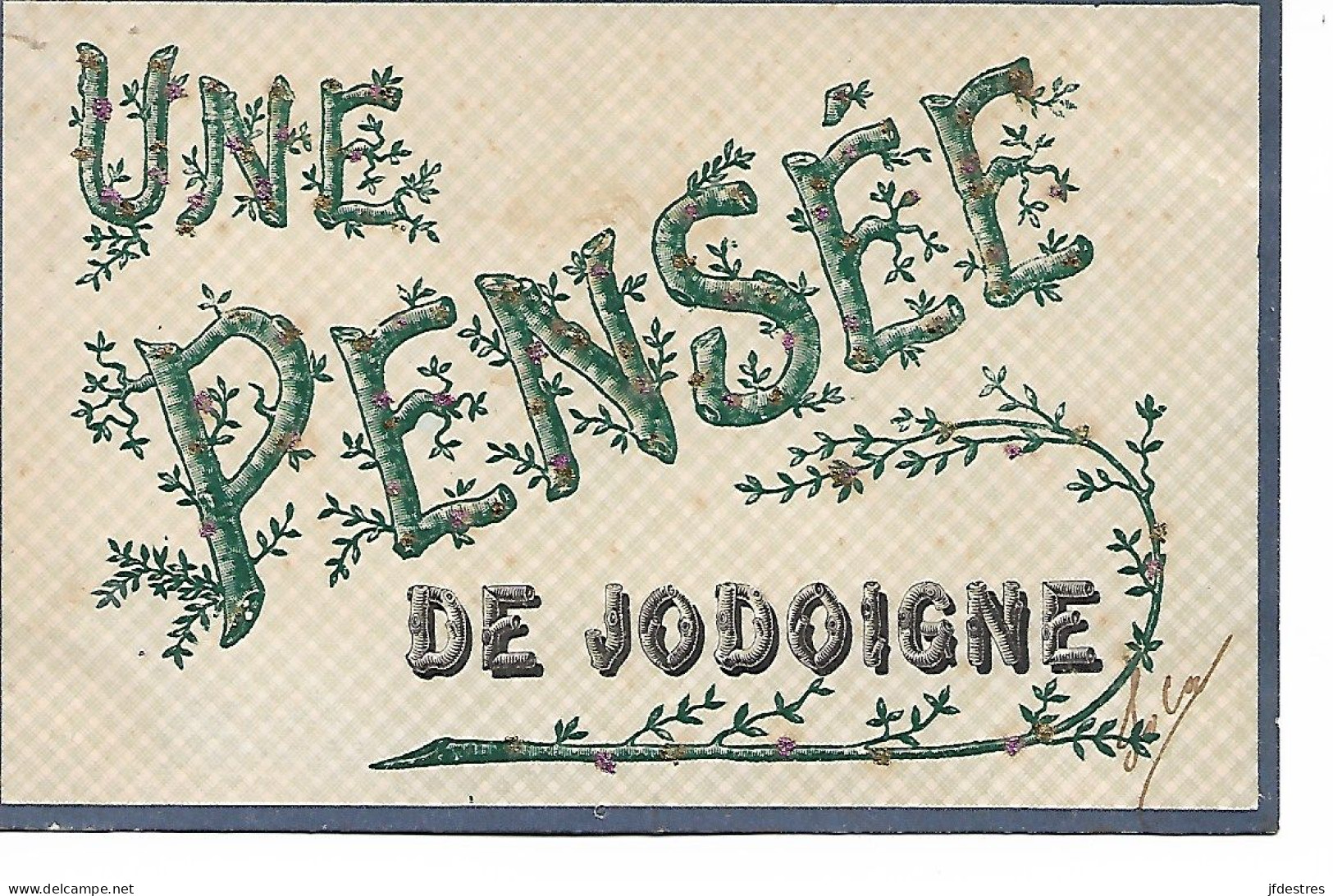 CP Une Pensée De Jodoigne Avec éléments Dorés En Relief Sur Les Caractères Verts 1907. Ida à Julie Servais Wasseiges - Jodoigne