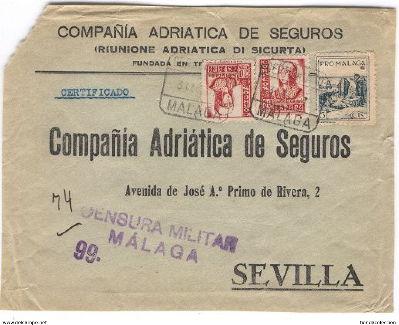 Edifil N.º 823, 823 Y Gálvez 425 En Frontal Circulado De Málaga A Sevilla - Autres & Non Classés