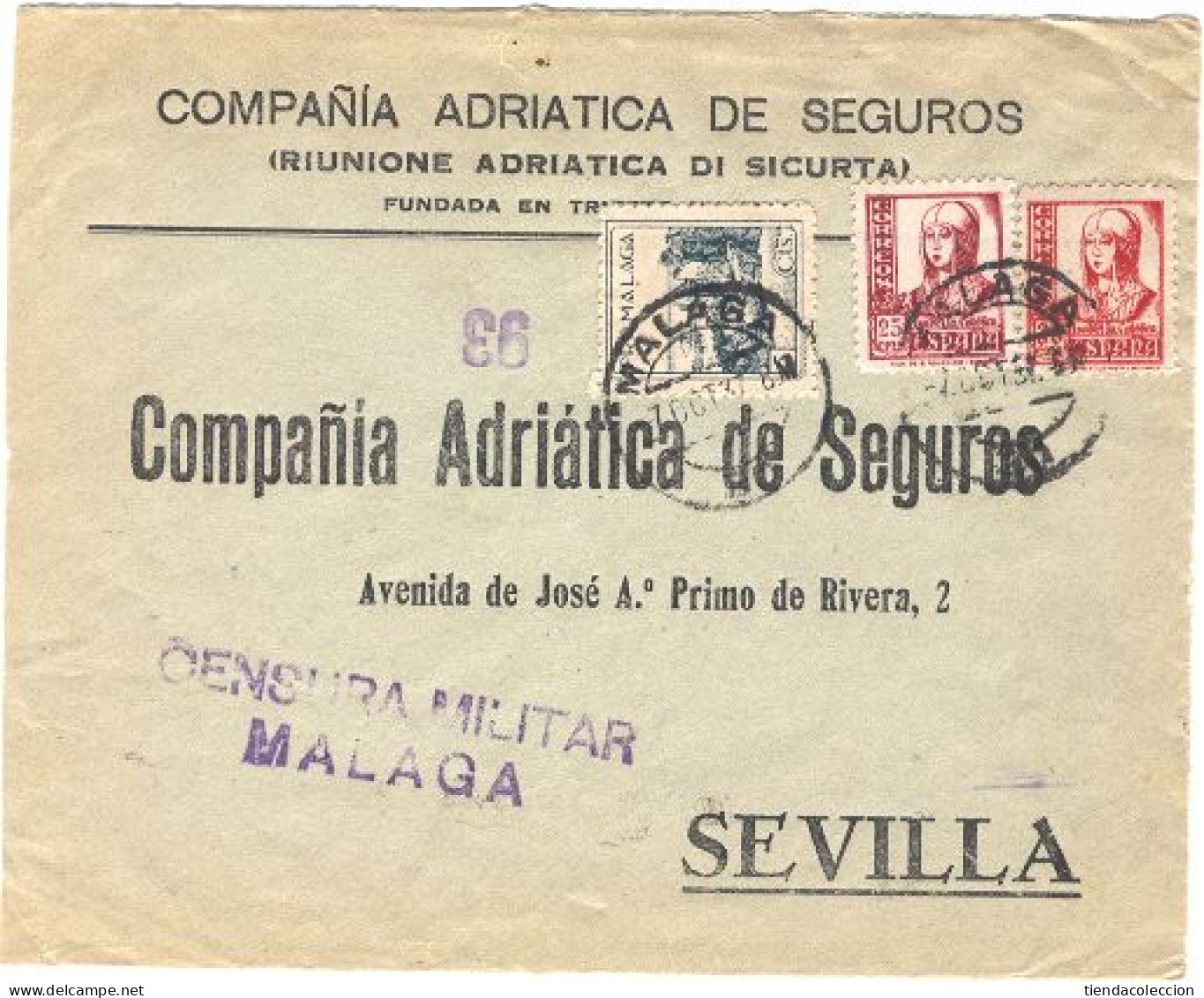 Edifil N.º 822, 823 Y Gálvez 425 En Frontal, Circulado De Málaga A Sevilla El 07/09/1937 - Sonstige & Ohne Zuordnung