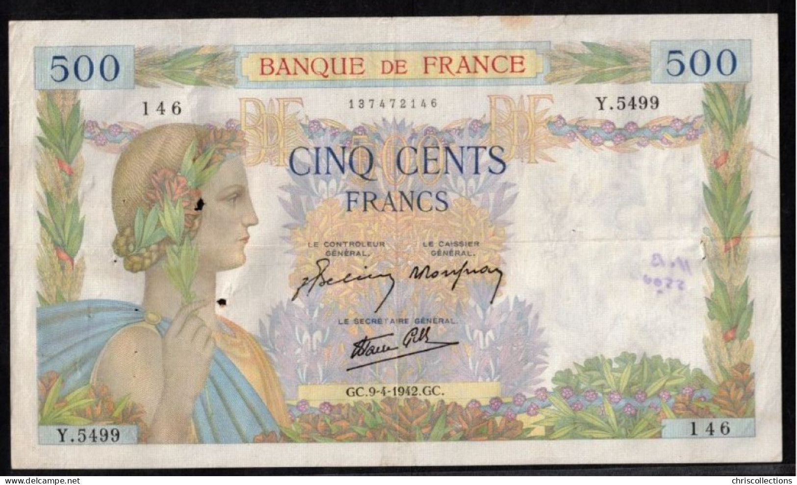 FRANCE - 500 Francs La Paix - 9/4/1942 - TB+  -  2 Trous + Trous D'épinglage - F : 32/34 - 500 F 1940-1944 ''La Paix''