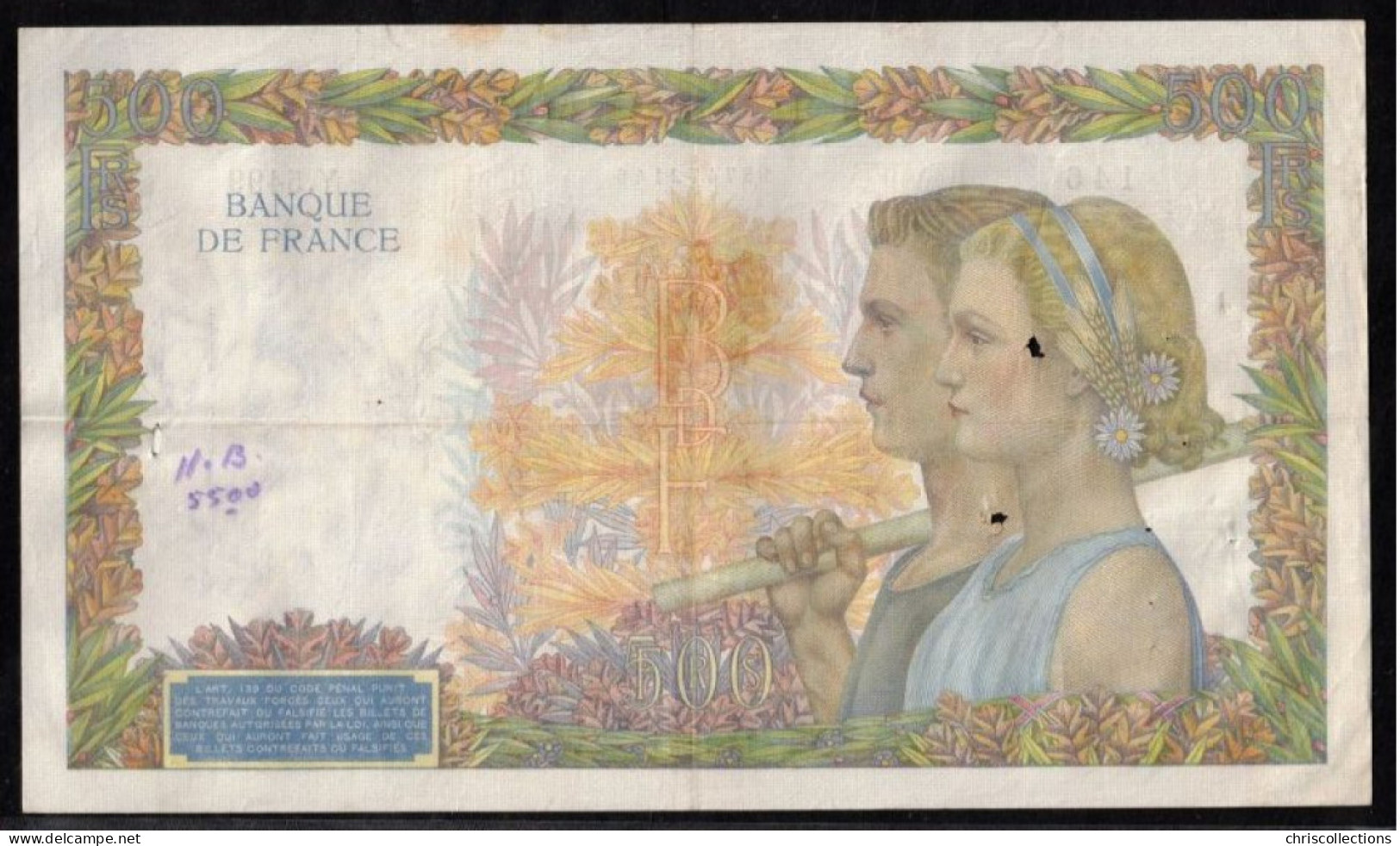 FRANCE - 500 Francs La Paix - 9/4/1942 - TB+  -  2 Trous + Trous D'épinglage - F : 32/34 - 500 F 1940-1944 ''La Paix''