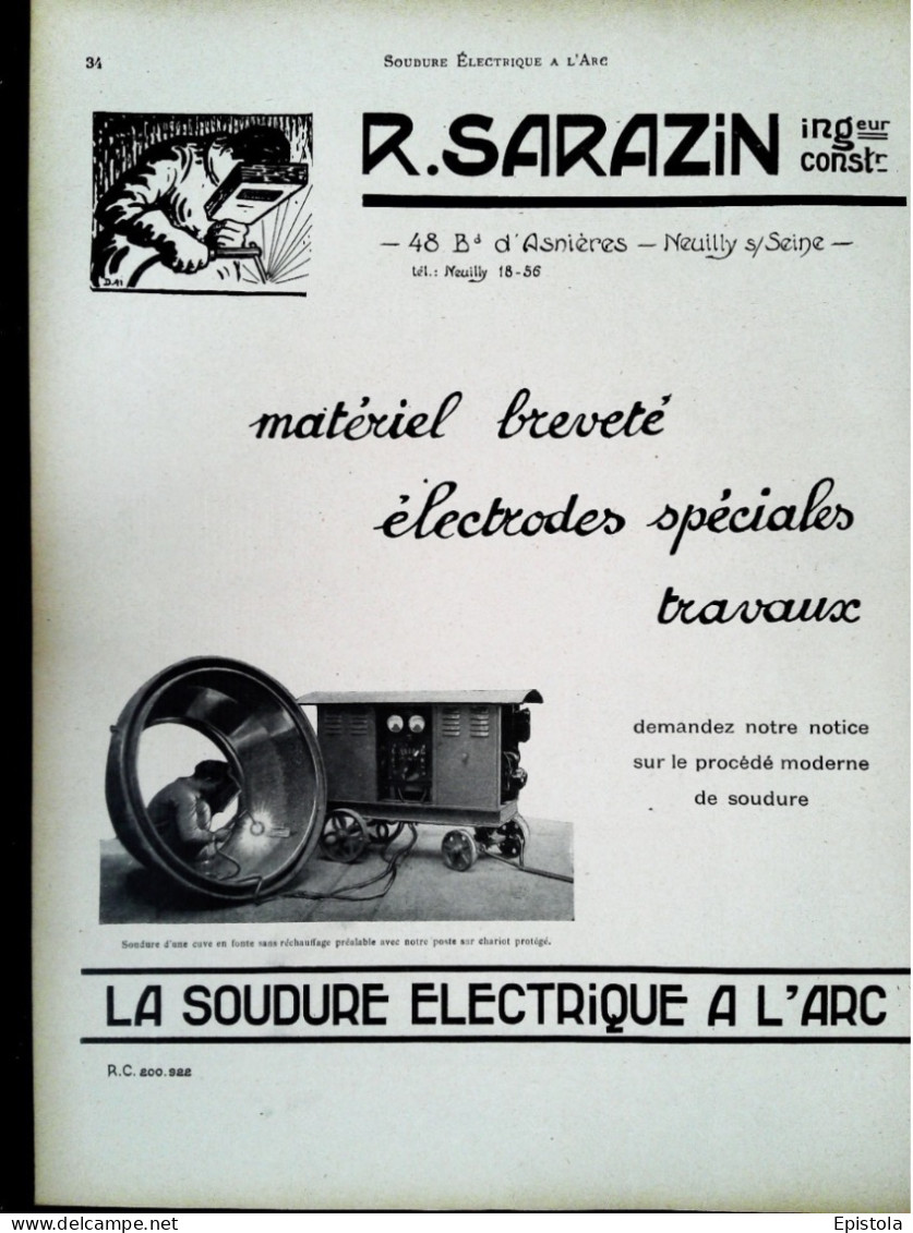 ► Matériel SOUDURE  Ets R. SARAZIN Bd Asnières NEUILLY Sur SEINE  - Page Catalogue Technique 1928  (Env 22 X 30 Cm) - Machines