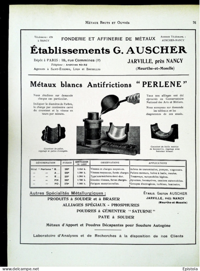 ► FONDERIE Métaux Blancs  Ets AUSCHER à JARVILLE (Env Nancy )  - Page Catalogue Technique 1928  (Env 22 X 30 Cm) - Máquinas