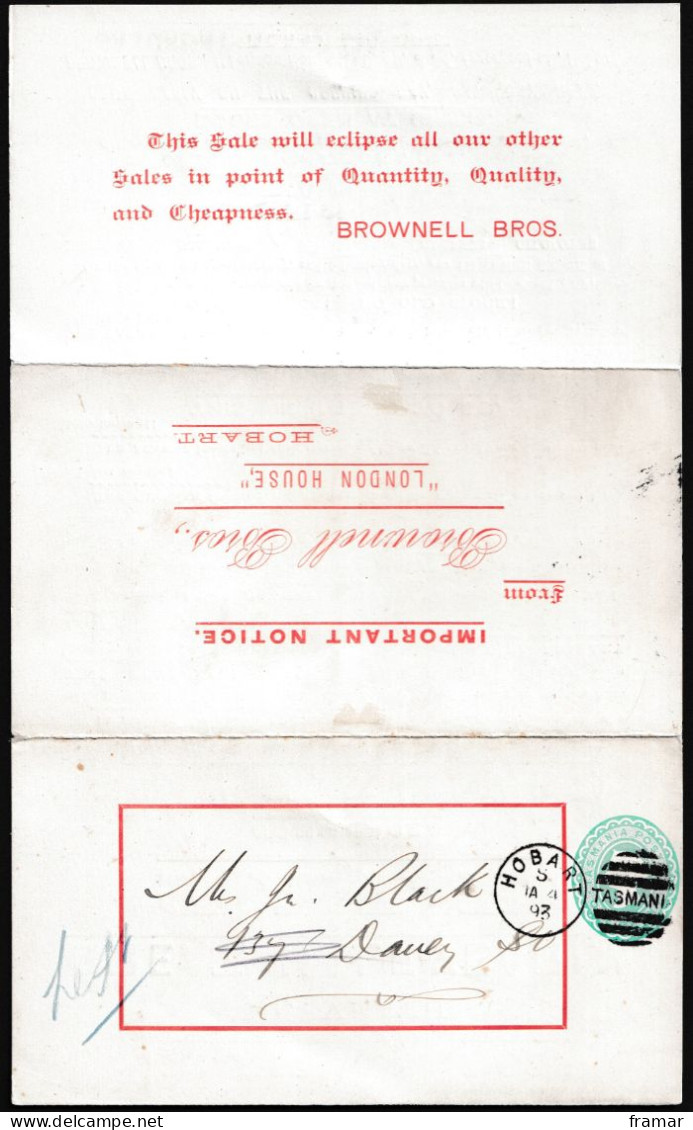 AUSTRALIE - TASMANIE - 1893 - Entier Postal 1d Avec Publicité Pour Nombreux Articles - Advertising - Werbung - Brieven En Documenten