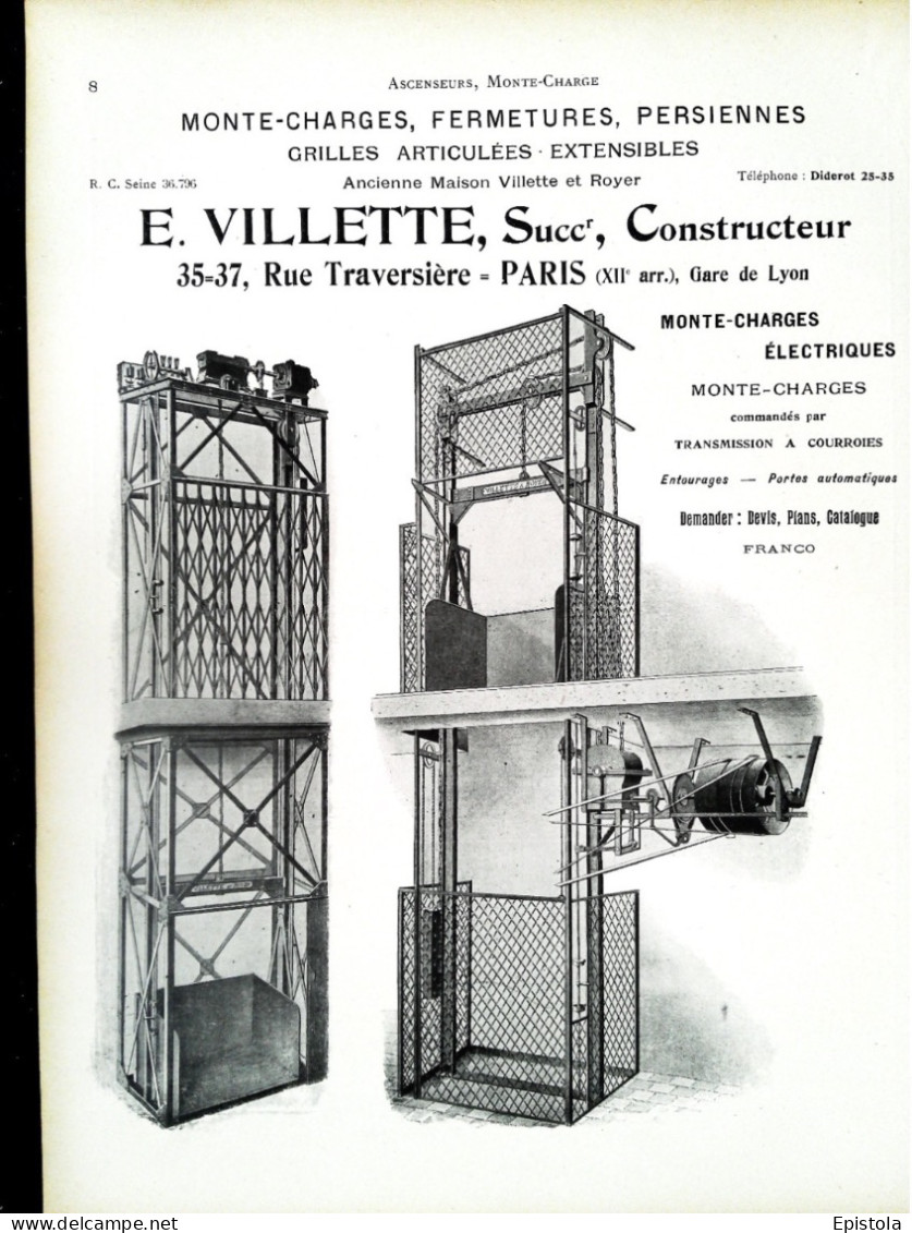 ► MONTES-CHARGES Ets VILLETTE Rue Traversière PARIS XIIe - Page Catalogue Technique 1928  (Env 22 X 30 Cm) - Machines