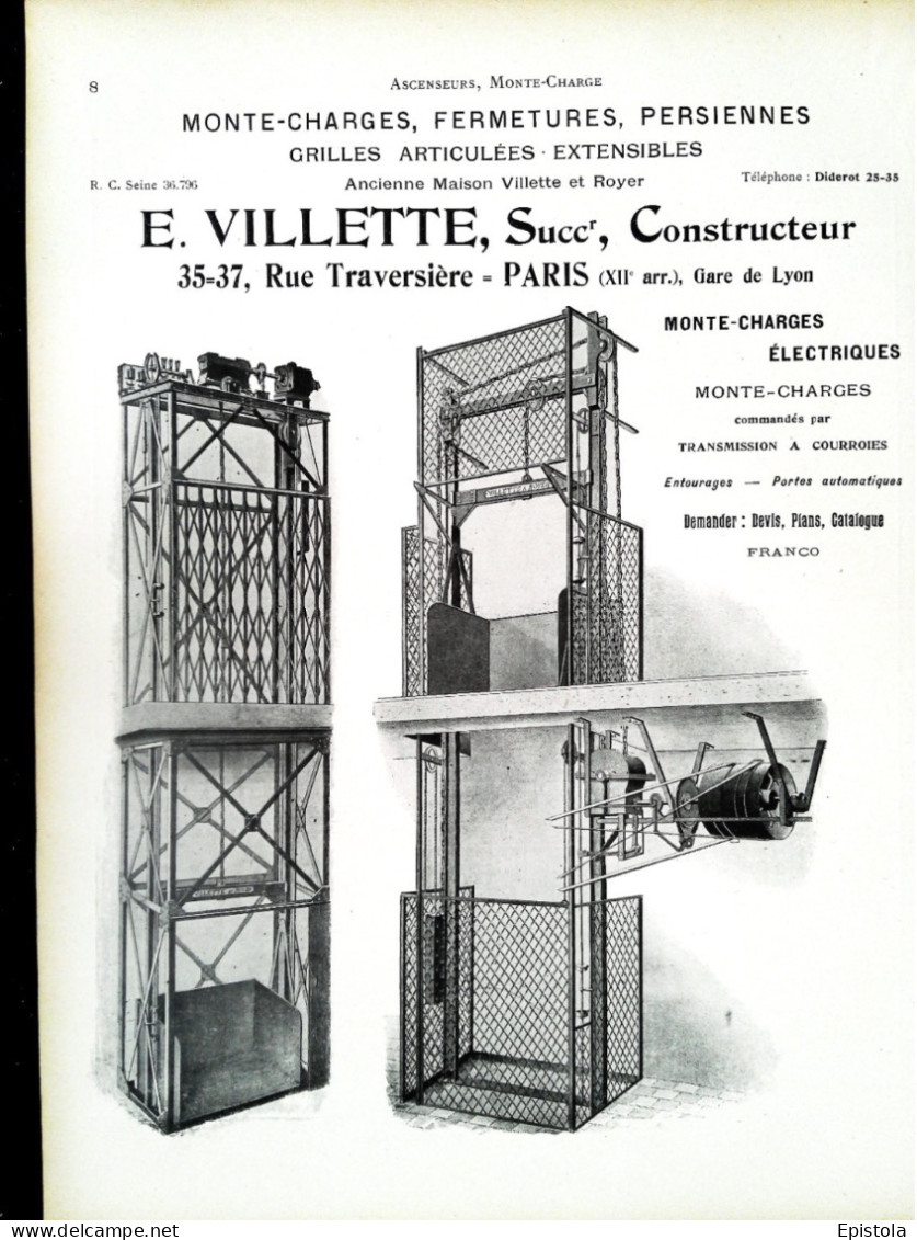 ► MONTES-CHARGES Ets VILLETTE Rue Traversière PARIS XIIe - Page Catalogue Technique 1928  (Env 22 X 30 Cm) - Macchine