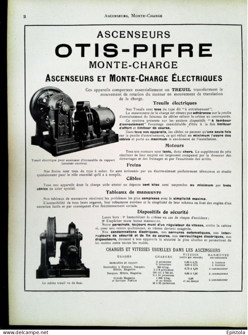 ► TREUIL Pour MONTES-CHARGES & ASCENSEURS Ets OTIS-PIFRE  - Page Catalogue Technique 1928  (Env 22 X 30 Cm) - Máquinas