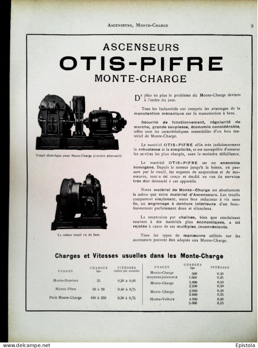 ► TREUIL Pour MONTES-CHARGES & ASCENSEURS Ets OTIS-PIFRE  - Page Catalogue Technique 1928  (Env 22 X 30 Cm) - Macchine