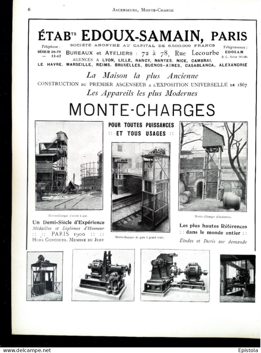 ►  MONTES-CHARGES   Ets  EDOUX-SAMAIN Rue Lecourbe PARIS - Page Catalogue Technique 1928  (Env 22 X 30 Cm) - Maschinen