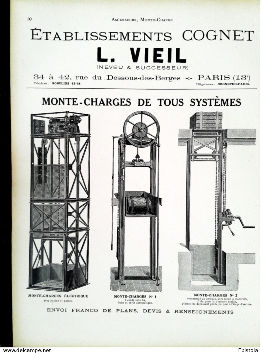 ►  MONTES-CHARGES Ets  COGNET VIEIL Rue D Dessous Des Berges PARIS 13e - Page Catalogue Technique 1928  (Env 22 X 30 Cm) - Tools