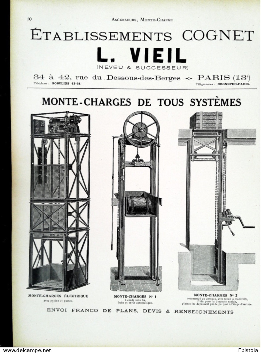 ►  MONTES-CHARGES Ets  COGNET VIEIL Rue D Dessous Des Berges PARIS 13e - Page Catalogue Technique 1928  (Env 22 X 30 Cm) - Maschinen