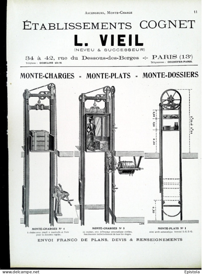 ►  MONTES-CHARGES Ets  COGNET VIEIL Rue D Dessous Des Berges PARIS 13e - Page Catalogue Technique 1928  (Env 22 X 30 Cm) - Maschinen