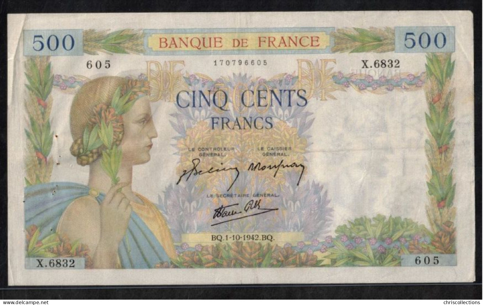 FRANCE - 500 Francs La Paix - 1/10/1942 - TTB  -   Trous D'épinglage -  F : 32/41 - 500 F 1940-1944 ''La Paix''