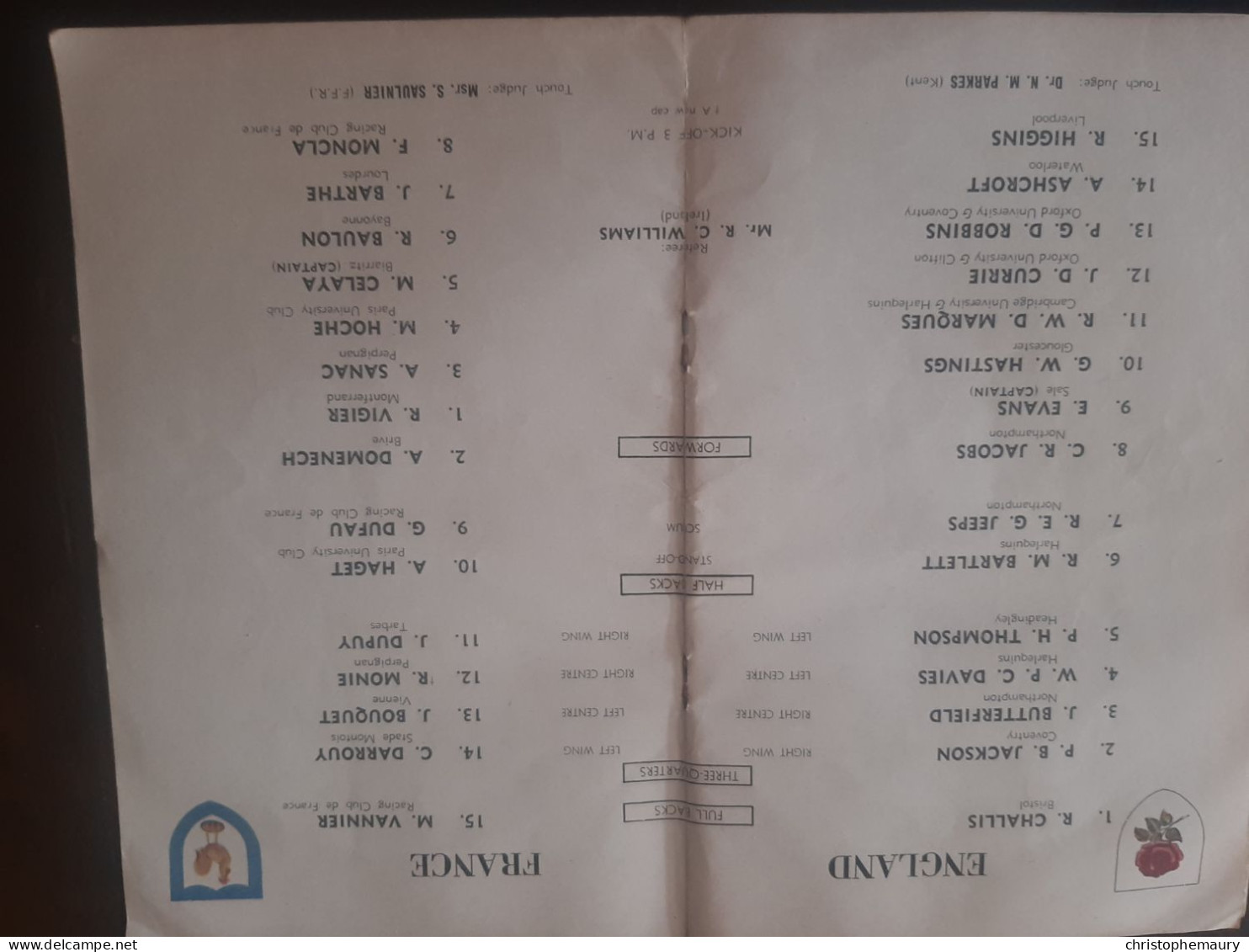 Programme  Rugby 1957 Angleterre France 5 nations