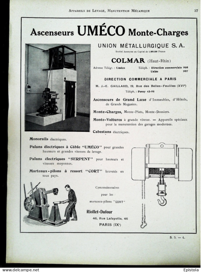 ►  MONTE-CHARGES Est UMECO à Colmar     - Page Catalogue Technique 1928  (Env 22 X 30 Cm) - Maschinen