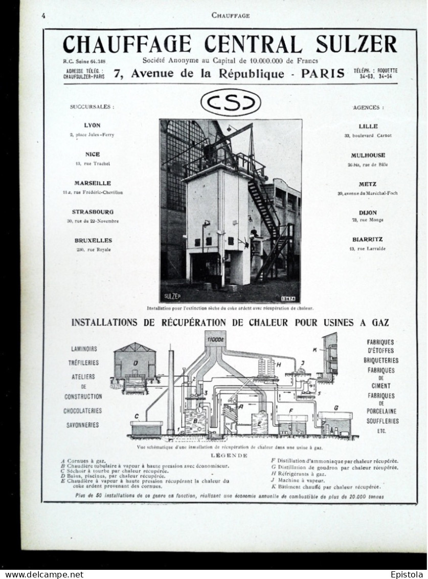 ►Usine à Gaz Installation CHAUFFAGE CENTRAL  Ets SULZER - Page Catalogue Technique 1928  (Env 22 X 30 Cm) - Máquinas