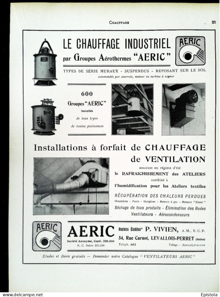 ►   CHAUFFAGE INDUSTRIEL Ets AERIC Rue Carnot LEVALLOIS-PERRET  - Page Catalogue Technique 1928  (Env 22 X 30 Cm) - Tools