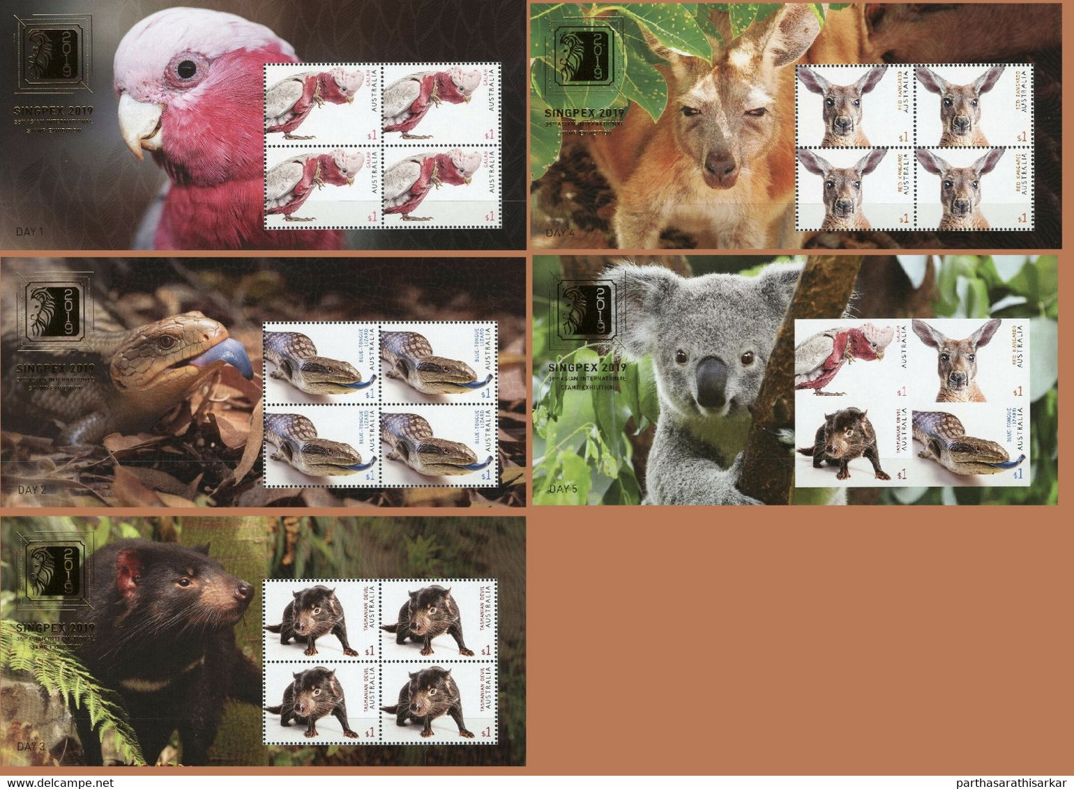 AUSTRALIA 2019 SINGAPORE SHOW SINGPEX ANIMALS BIRDS SET OF 5 GOLD FOIL MINIATURE SHEET MS MNH - Mint Stamps