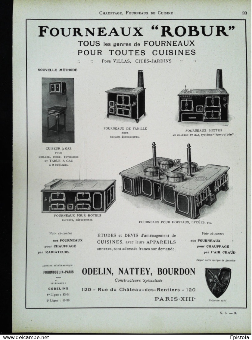 ►  FOURNEAUX Pour Hôtels  Hopitaux "ROBUR"  Ets ODELIN NATTEY BOURDON  - Page Catalogue Technique 1928  (Env 22 X 30 Cm) - Tools