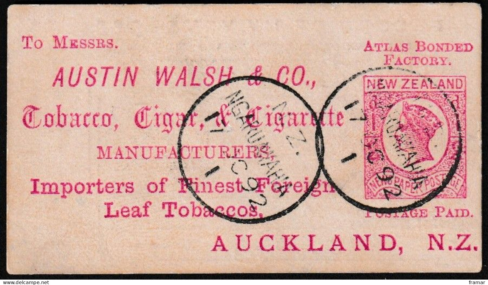 NOUVELLE ZELANDE - 1892 - Entier 1d Rouge Avec Publicité Tabac - Advertising - Werbung - Postal Stationery