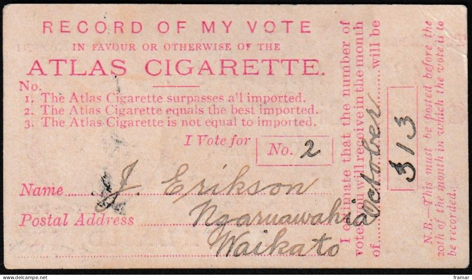 NOUVELLE ZELANDE - 1892 - Entier 1d Rouge Avec Publicité Tabac - Advertising - Werbung - Ganzsachen