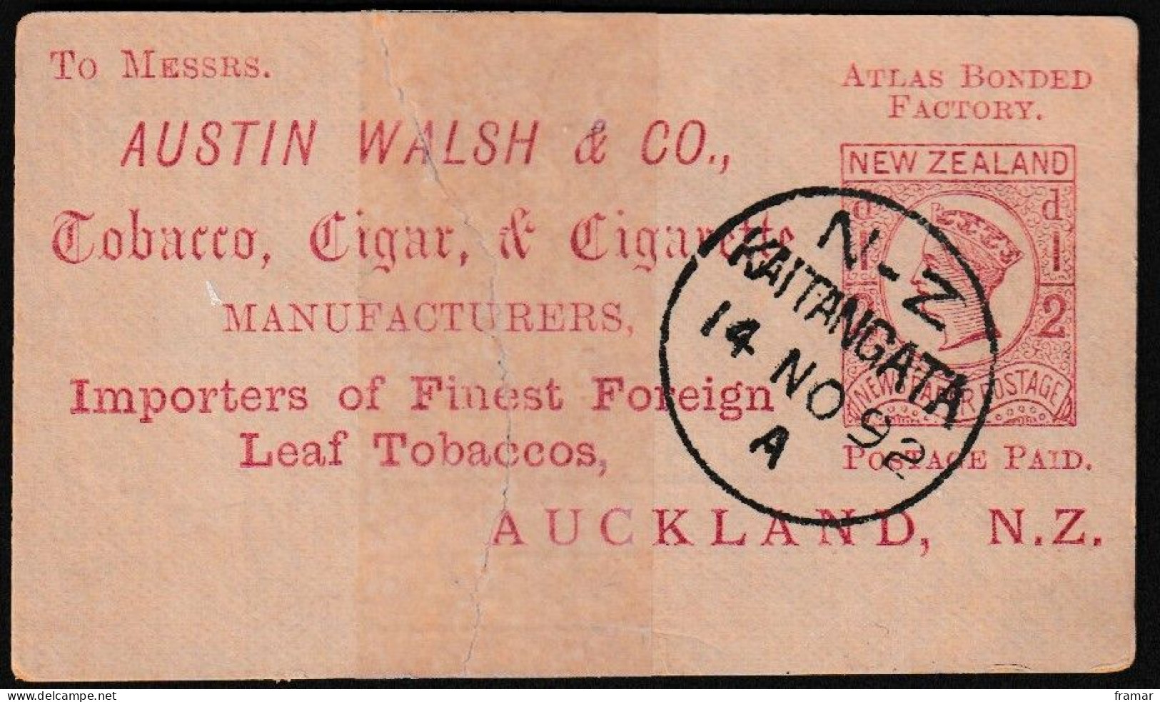 NOUVELLE ZELANDE - 1892 - Entier 1d Rouge Avec Publicité Tabac - Advertising - Werbung - Postal Stationery