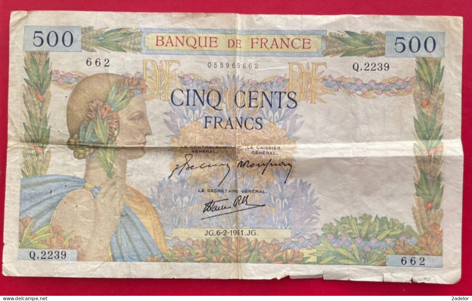 Beau Billet De 500 Francs La Paix JG.6-2-1941.JG. - 500 F 1940-1944 ''La Paix''