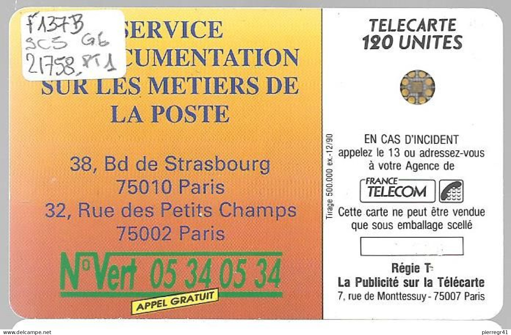 CARTE-PUBLIC-F-137B.520-1990-120U-SC5 An-Trou 6-LA POSTE-Ile De France-5 Ge 21758- Pt1 Non Référencé-UTILISEE-  TBE- - 1990