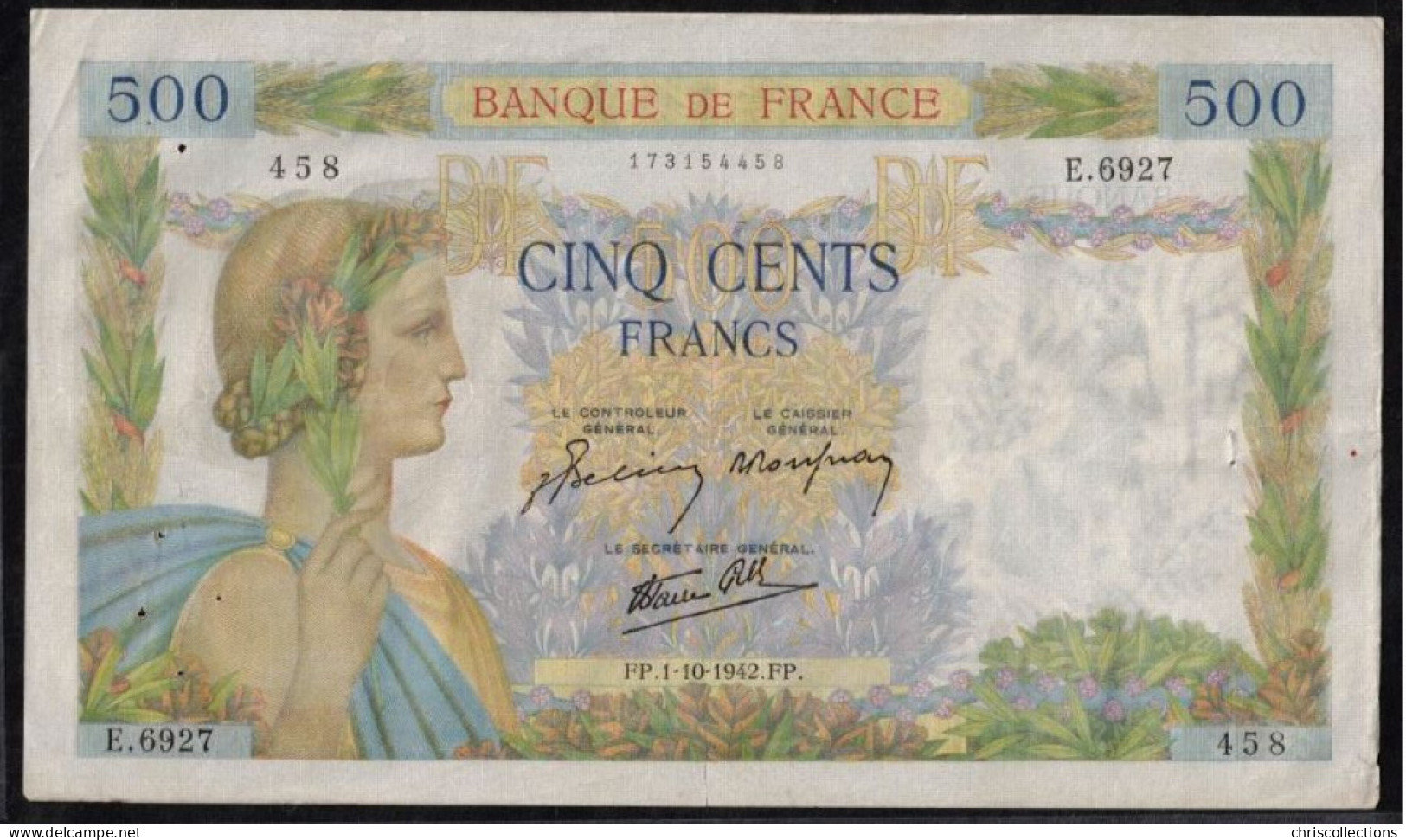 FRANCE - 500 Francs La Paix - 1/10/1942 - TTB - Trous D'épinglage - F : 32/41 - 500 F 1940-1944 ''La Paix''