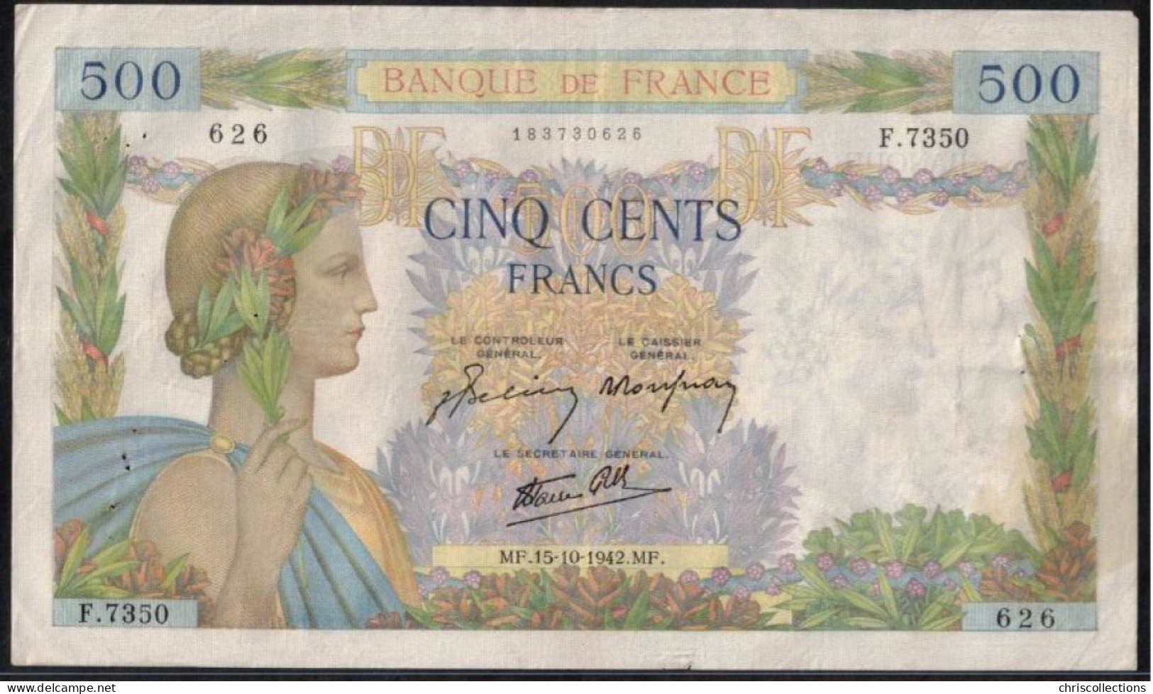 FRANCE - 500 Francs La Paix - 15/10/1942 - TTB - Trous D'épinglage - F : 32/42 - 500 F 1940-1944 ''La Paix''