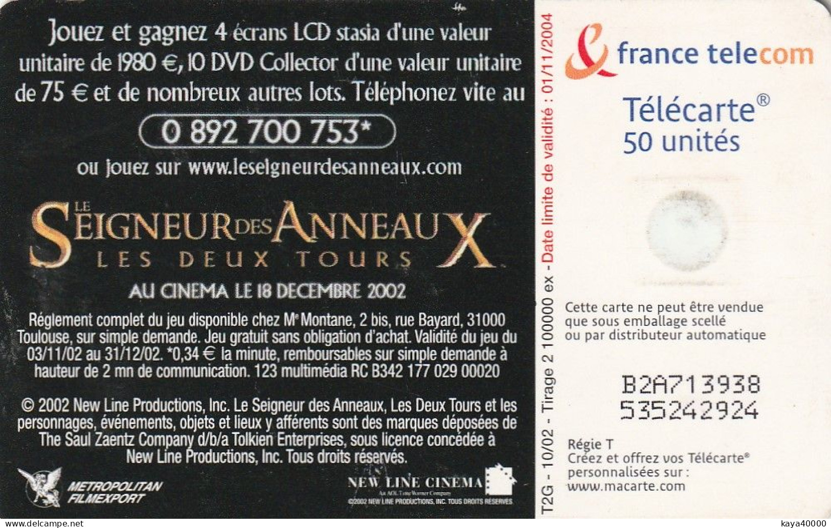##   Carte Téléphone  ##  LE Seigneur Des ANNEAUX (FRANCE) Gift Card, Carta Regalo, Cadeaukaart - Cinema