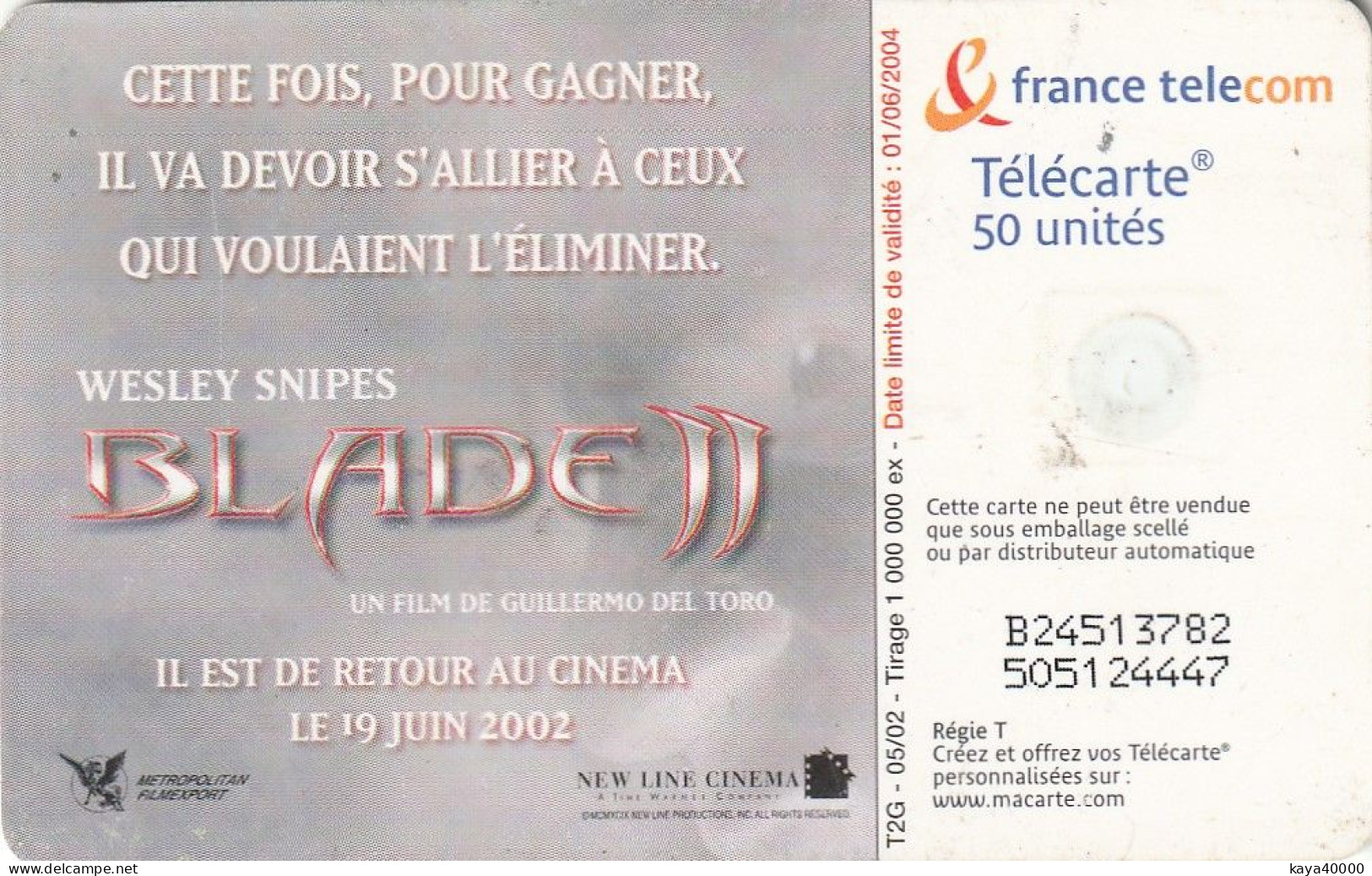 Carte Téléphone  ## BLADE II . WESLEY  SNIPES  (FRANCE) Gift Card, Carta Regalo, Cadeaukaart - Cinema